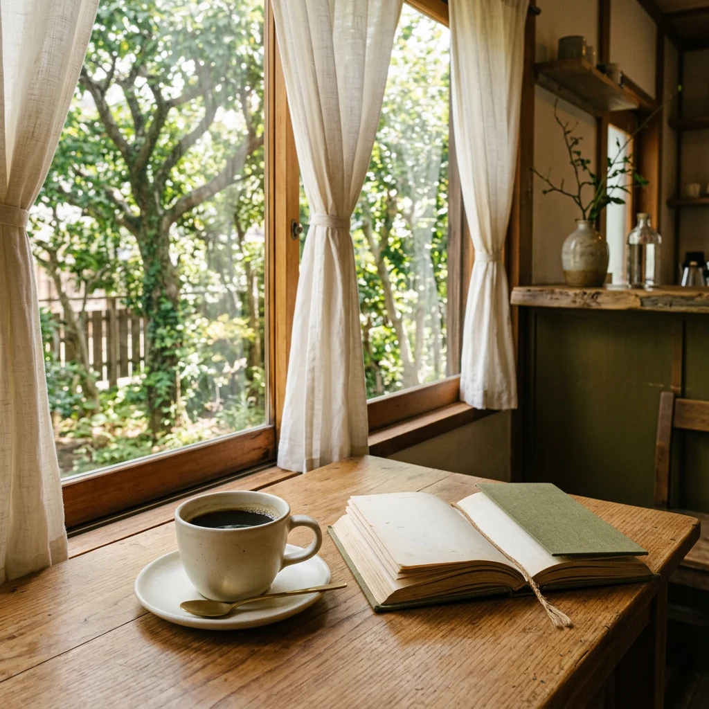 窓辺のテーブルとコーヒー。AI生成の架空の喫茶店