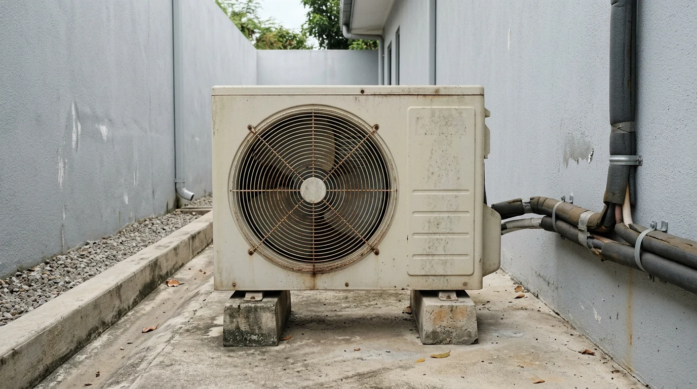 空調設備の置き場に設置された、使用感のある室外機