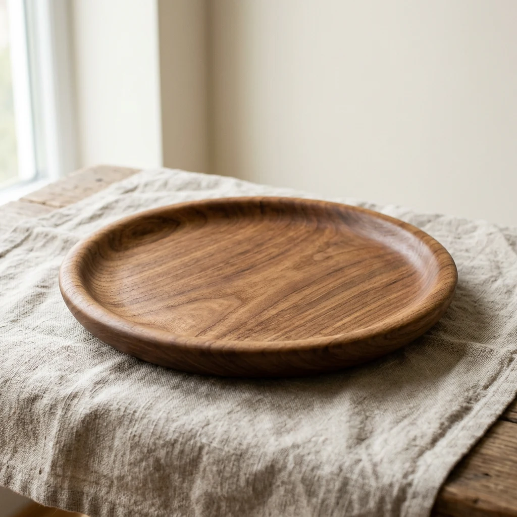 Chestnut wood plate on linen, the source photo